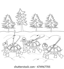 Three turtles in the hat, the boots and the skis are on the snow field and forest, contour black and white drawing