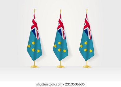 Three Tuvalu flags in a row on a golden stand, illustration of press conference and other meetings. Vector illustration.