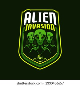 three twin aliens are waiting for their friend to arrive and the alien is green - All elements on this template are editable with vector software