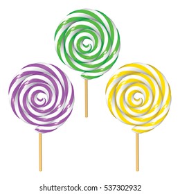 Tres Lollipops torcidos aislados en fondo blanco. Cadáveres a rayas en verde violeta y amarillo. Ilustración del vector de polo bajo.