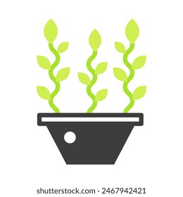 Three twisted plants with leaves growing in pot, black and green line icon vector illustration