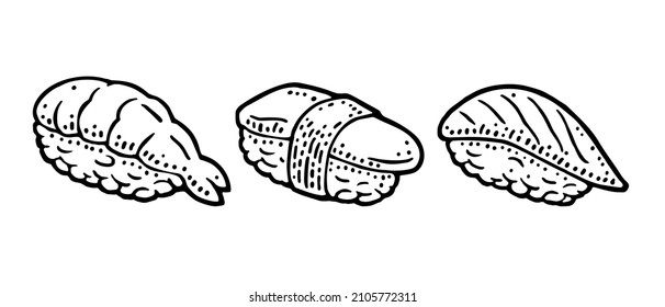 Three type nigiri sushi with fish and shrimp. Ahi, ahi, amaebi, unagi, tamago, ebi, sake. Isolated on white background. Vintage black monochrome vector engraving