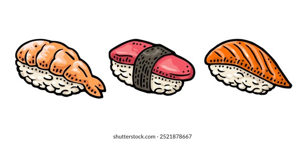 Tres tipos de sushi nigiri con pescado y camarones. Ahi, amaebi, unagi, tamago, ebi. Aislado sobre fondo blanco. Antiguas negro monocromo Vector grabado