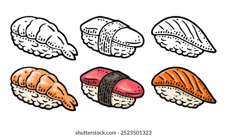 Tres tipos de sushi nigiri con pescado y camarones. Ahi, amaebi, unagi, tamago, ebi. Aislado sobre fondo blanco. Antiguas negro monocromo Vector grabado