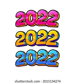 Drei Arten von Zahlen 2022 Comic Buch Stil Postkarte oder Grußkartenelement. Vektorgrafik-Winterferien-Retro-Design