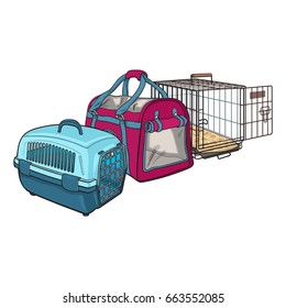 Three type of pet carrier, transport bag, plastic case, metal wire, sketch vector illustration isolated on white background. Set of fabric, plastic and metal wire pet carried, transport, travel bag