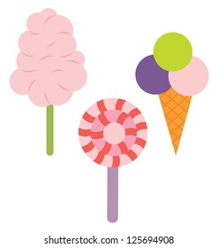 Three type of sweets, cotton candy, ice cream and lollipop.