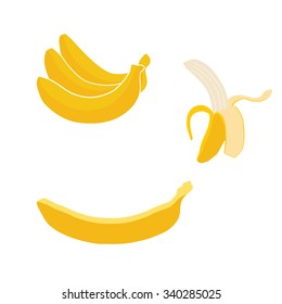 three type of yellow bananas fruit set in flat color design. vector illustration