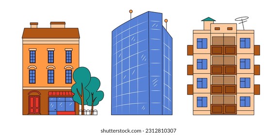 Three types of architecture. Modern skyscraper. Classic city building. Panel apartment building. The concept of the development of the urban environment.Vector illustration. cartoon style. Isolated.
