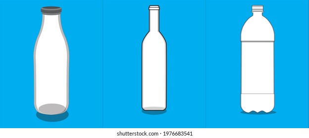 three types of bottles with flat design shapes and blue background