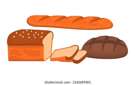 Three Types Of Bread Made From Wheat And Rye Flour.Bakery Products Icon Set Drawn In Cartoon Style Isolated On White Background.Realistic Vector Illustration For Design Card,poster.