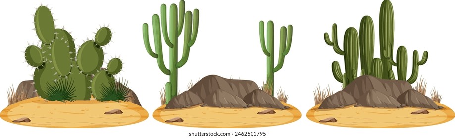 Three types of cacti on arid ground