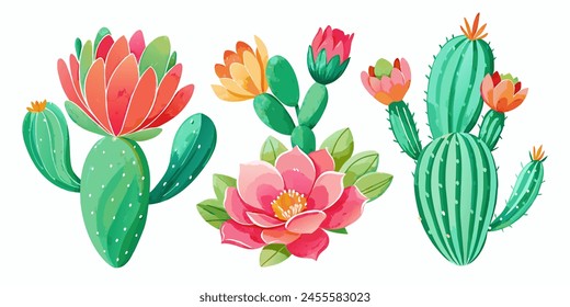 Three types of cactus with colorful flowers in a white background. These desert plants add a pop of color to any flowerpot or garden. Perfect for botanical art or studying botany.