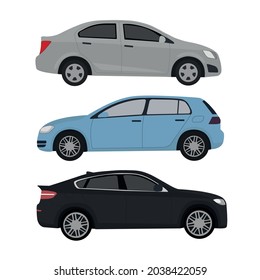 Three types of cars in vector in blue, gray and black, with different body types
