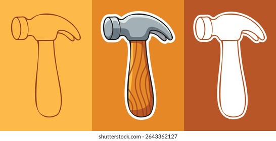 Three types of Cartoon Style Sticker of Hammer with Wood Handle