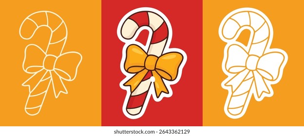 Three Types of Cartoon Style Sticker of Candy Cane with Bow