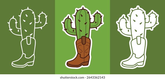 Three Types of Cartoon Style Sticker of Cowboy Inside the Boots