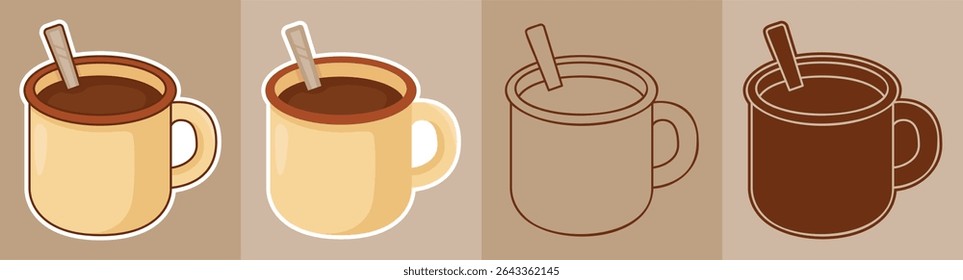 Three Types of Cartoon Style Sticker of Cups with Hot Chocolate or Coffee Inside