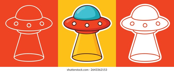 Three Types of Cartoon Style Sticker of UFO Spaceship