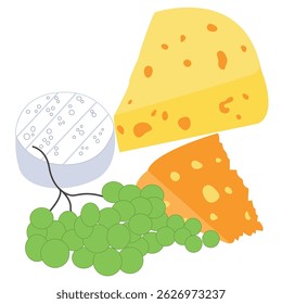 Three types of cheese of different varieties. Classic cheese with holes and a bunch of green grapes. Vector drawing on a white background.