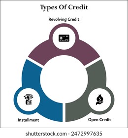 Three types of credit - Revolving credit, Installment, Open Credit. Infographic template with icons and description placeholder