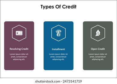 Three types of credit - Revolving credit, Installment, Open Credit. Infographic template with icons and description placeholder