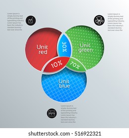 Three types of diagram infographic with charts combined together in the center vector illustration