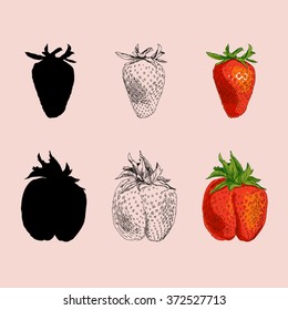 Three types of drawing strawberries (silhouette, lines, colored)