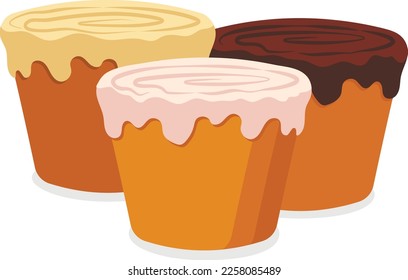 Tres tipos de pasteles de Pascua, muffins con hielo multicolor. Vector ajustado en plano. Elementos para afiche, volante, postal, portada, diseño publicitario.