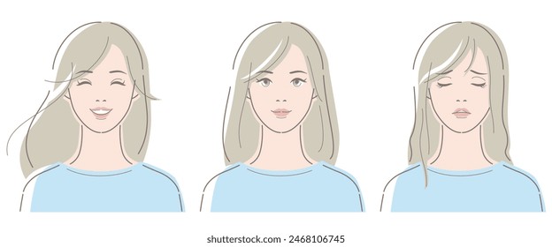 Three types of facial expressions of women. Happy face, neutral face and troubled face. Vector illustration in line drawing, isolated on white background.