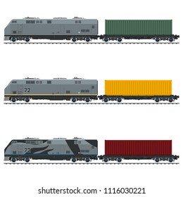 Three Types of Freight Train, Locomotive with Cargo Container on Railroad Platform , Railway and Container Transport, Vector Illustration