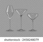 Three Types Of Glasses. Tall Wine Glass, Classic Martini Glass And Broad Cocktail Glass, Suitable For Special Occasions