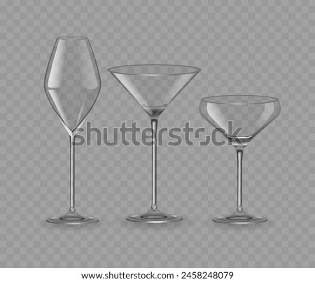 Three Types Of Glasses. Tall Wine Glass, Classic Martini Glass And Broad Cocktail Glass, Suitable For Special Occasions