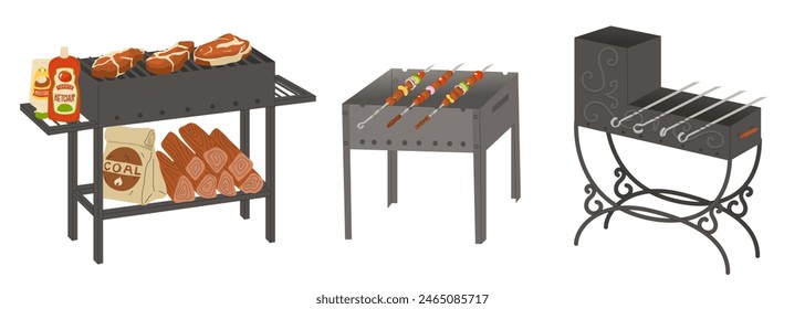 Three types of grills for cooking over a fire. Grill grate and barbecue for frying on skewers. Elements for a summer barbecue party. Vector illustration isolated on transparent background.