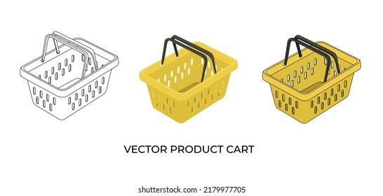 Three Types Of Grocery Baskets. To Go Shopping. Shop Online. Yellow Plastic Empty Grocery Basket. Vector Product Cart.