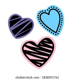Three types of heart shapes on color silhouette. Doodle hand drawn cartoon style. Vector illustration decoration for any design.