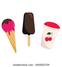 Drei Arten von Eis. Eiscreme-Kegel, Popsikeleis und Beereneiskegel.