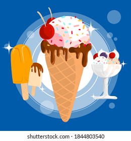 Three types of Ice cream. Drawing vector illustration of sweet dessert for summer with layers.