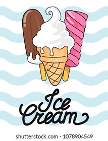 Three types of ice cream: waffle horn, chocolate pop and fruit ice cream. Vector illustration on a blue background