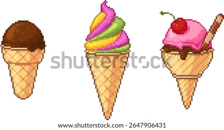 Three types of ice cream in waffle cones. Pixel art style with chocolate scoop, rainbow swirl and cherry topping. Minimal and colorful design. Vector illustration.
