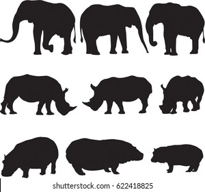 three types of largest African animals ,African elephant, white rhinoceros and hippo silhouette contour
