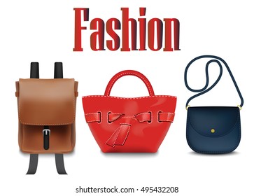 Three types of leather handbags and backpack