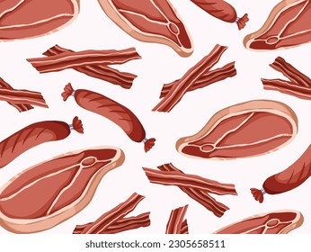 Three types of meats form. Bacon, sliced meat, and sausage vector illustration pattern isolated on light horizontal background template. Simple flat yummy and delicious food drawing with cartoon style