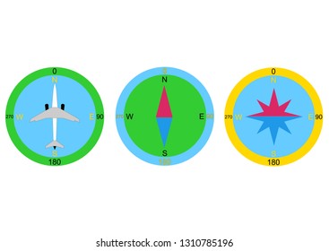Three types of navigation compasses. Essential navigation tools. The main objects for travel and adventure. Adventure symbols. Isolated on a white background. Flat vector illustration.