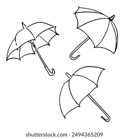 Three types of open umbrellas for autumn rainy weather. Black and white vector drawing.