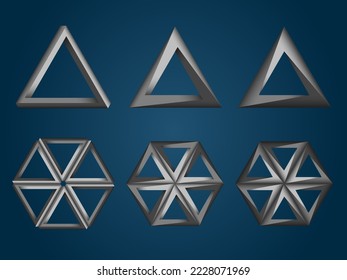 Three types of Penrose triangles and their hexagonal composition