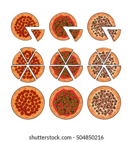 Three types of pizza, whole and sliced into pieces, sketch style vector illustration isolated on white background. Traditional Italian pizza with sausages, shrimps and tomato souce
