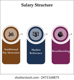 Three types of Salary structure - Traditional Pay structure, Market reference, Broad banding. Infographic template with icons and description placeholder