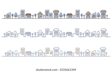 Three types of simple winter line streetscape illustrations