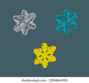 drei Arten von sechsspitzen Schneeflocken in 3D-Projektion